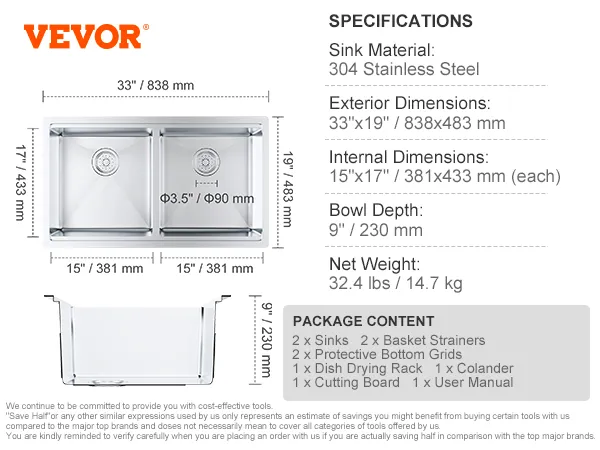 VEVOR kitchen sink with dual basins, 304 stainless steel, 33"x19" dimensions, and package contents.