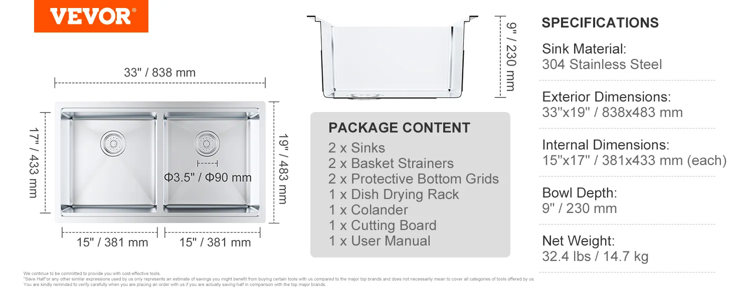VEVOR kitchen sink with dual basins, 304 stainless steel, 33"x19" dimensions, and package contents.