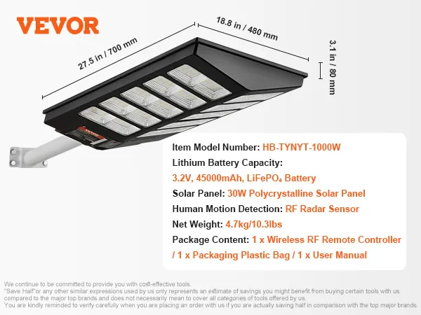 Farola solar VEVOR con panel solar policristalino de 30 W, sensor de radar RF y batería Lifepo4.
