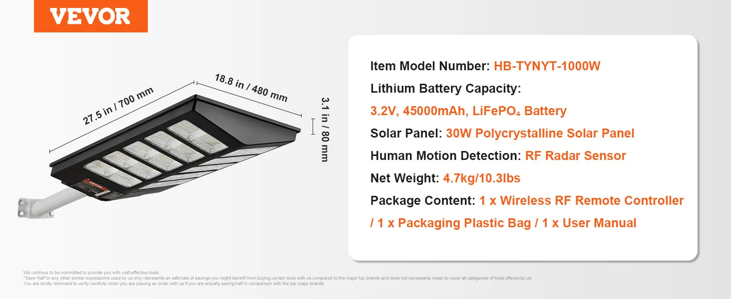 Farola solar VEVOR con panel solar policristalino de 30 W, sensor de radar RF y batería Lifepo4.