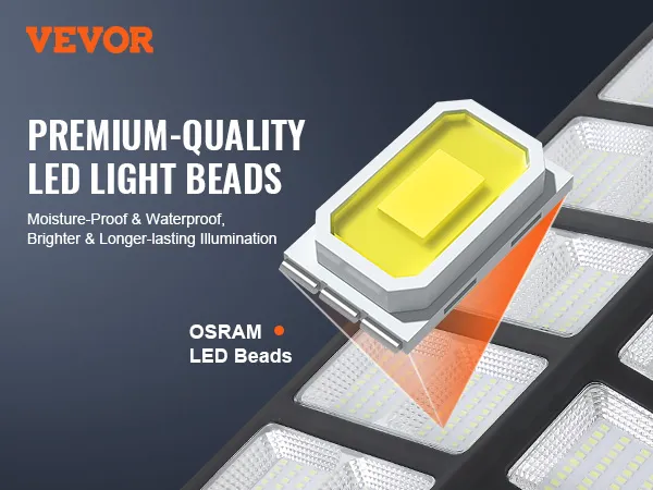 Luz de calle solar VEVOR con perlas LED Osram de primera calidad a prueba de humedad e impermeables.