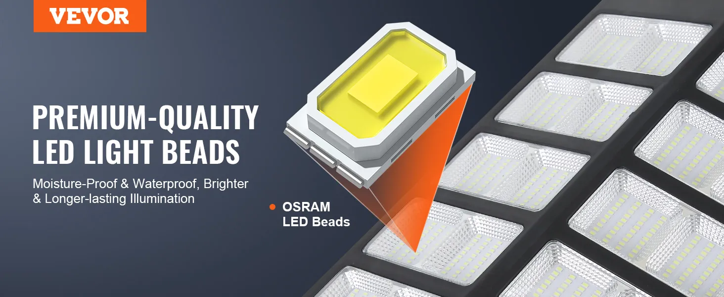 Luz de calle solar VEVOR con perlas LED Osram de primera calidad a prueba de humedad e impermeables.