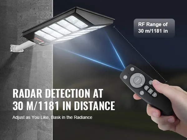 Farola solar VEVOR con detección de radar a 30 metros, accionada mediante mando a distancia portátil.