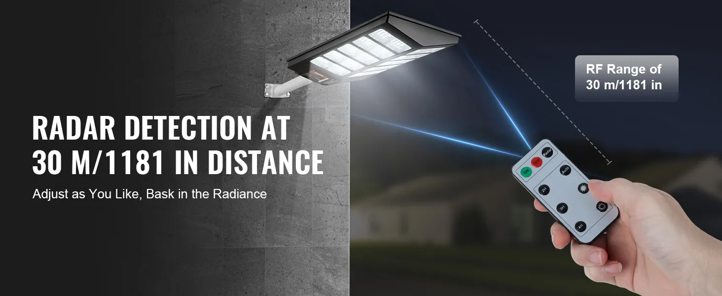 Farola solar VEVOR con detección de radar a 30 metros, accionada mediante mando a distancia portátil.
