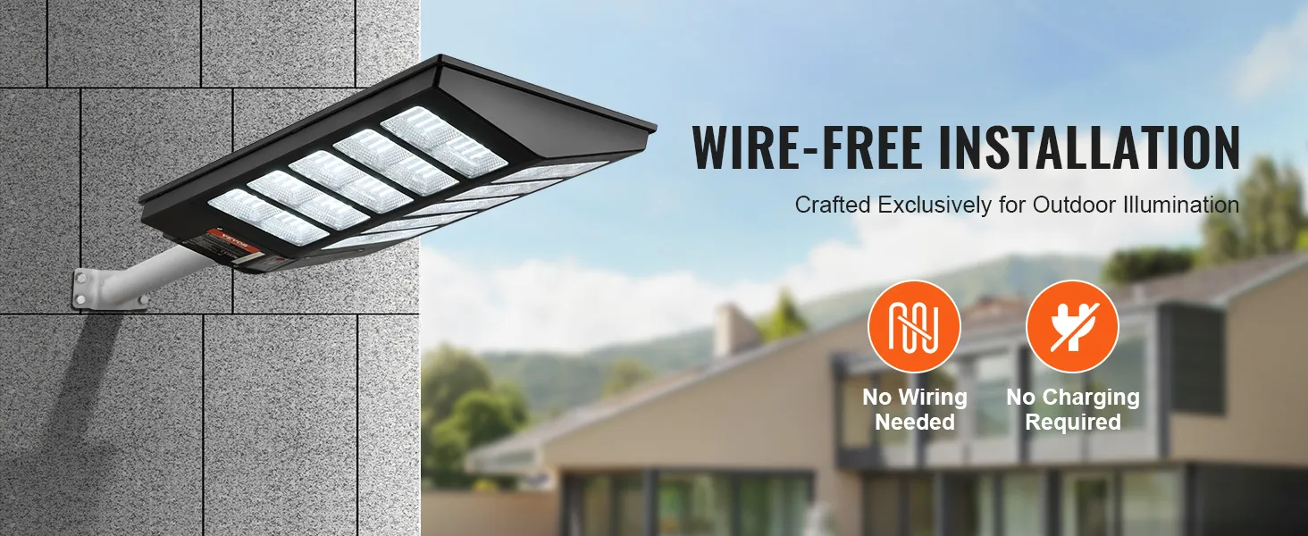 Farola solar VEVOR montada en pared, instalación sin cables para iluminación exterior. No necesita cableado ni carga.