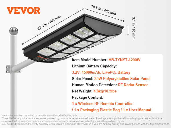 Lampe Solaire Extérieure 1200W Avec Détecteur De Mouvement - 8500K, étanche IP65 - Pour Parking, Jardin - 13