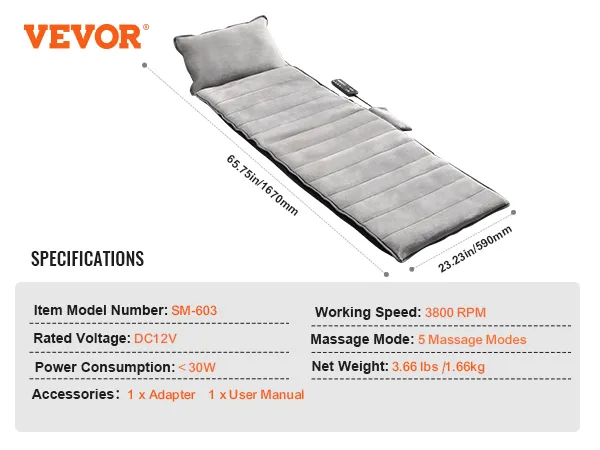 VEVOR Ganzkörper-Massagekissen in Grau mit Fernbedienung, Art. sm-603, 5 Massagemodi. 65,75 x 23,23 Zoll.