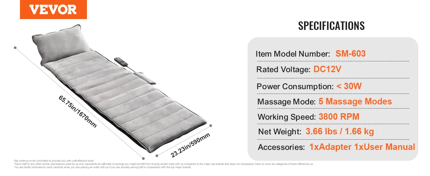 VEVOR Ganzkörper-Massagekissen in Grau mit Fernbedienung, Art. sm-603, 5 Massagemodi. 65,75 x 23,23 Zoll.