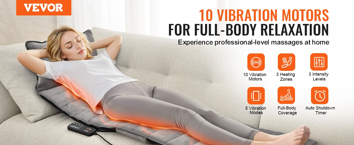 Person entspannt auf der Couch mithilfe eines VEVOR-Ganzkörpermassagekissens mit 10 Vibrationsmotoren und 3 Heizzonen.