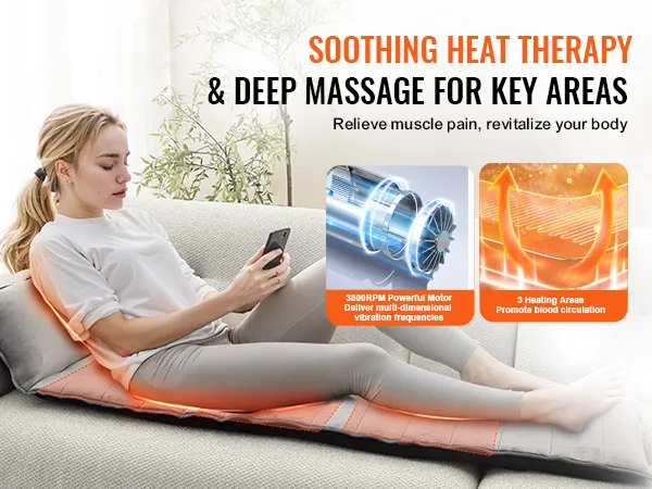 Frau verwendet VEVOR-Ganzkörpermassagekissen mit Wärmetherapie zur Linderung von Muskelschmerzen und Verbesserung der Durchblutung.