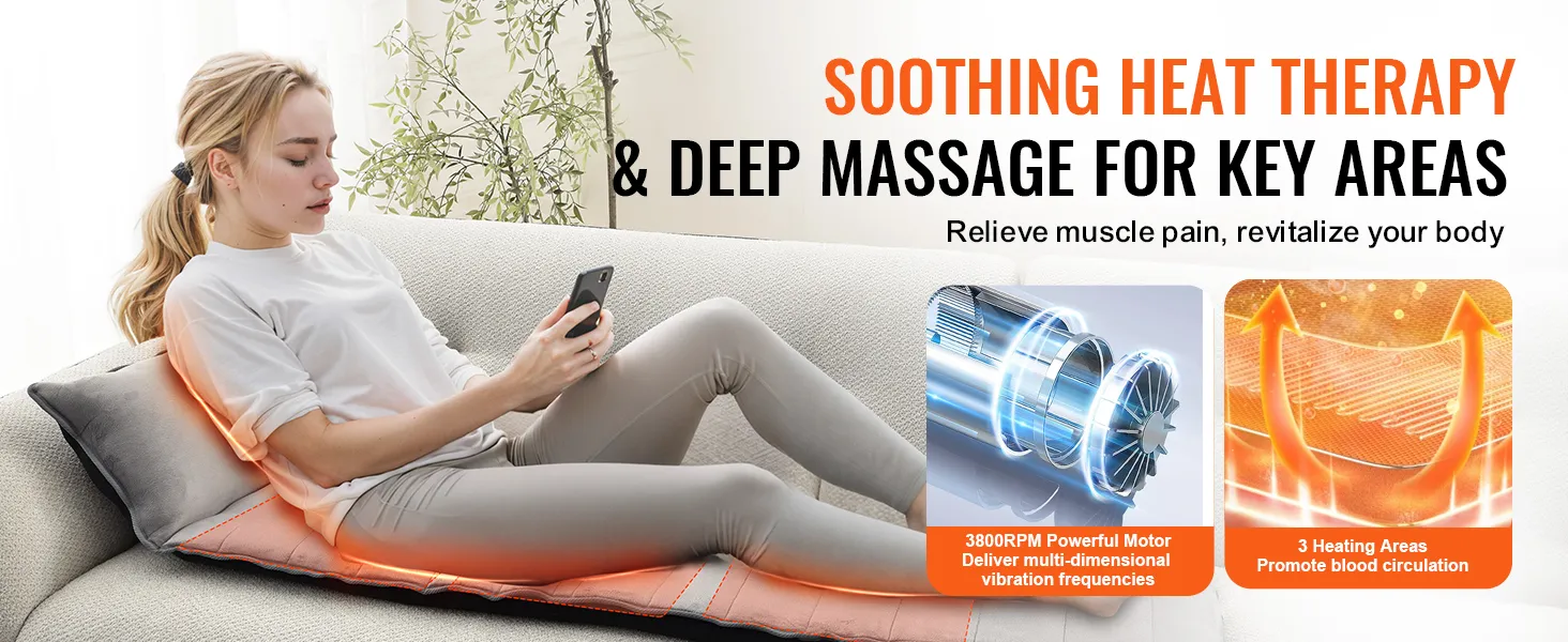 Frau verwendet VEVOR-Ganzkörpermassagekissen mit Wärmetherapie zur Linderung von Muskelschmerzen und Verbesserung der Durchblutung.