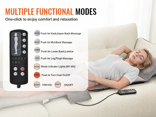 VEVOR-Ganzkörpermassagekissen im Einsatz auf einer Couch, mit mehreren Massagemodi und Fernbedienungsfunktionen.