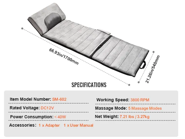 Poduszka masująca całego ciała VEVOR z regulowanym zagłówkiem, 5 trybami masażu i kompaktową, składaną konstrukcją.
