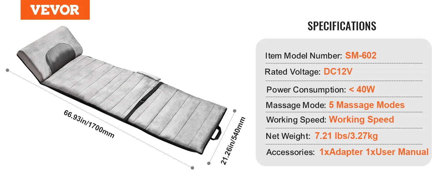 Poduszka masująca całego ciała VEVOR z regulowanym zagłówkiem, 5 trybami masażu i kompaktową, składaną konstrukcją.