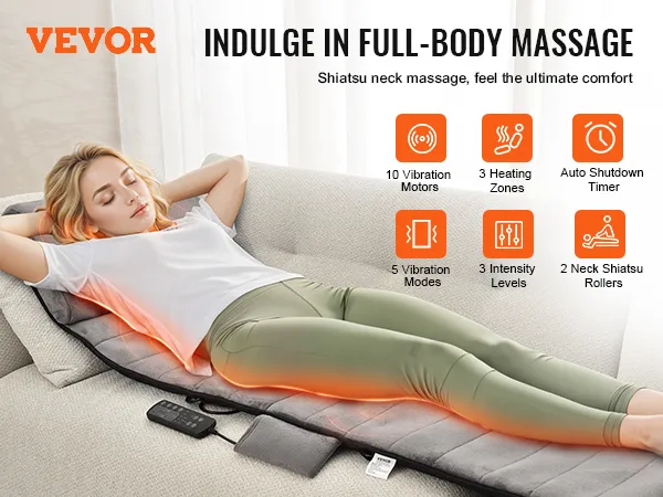 Poduszka masująca całego ciała VEVOR wyposażona w 10 silników wibracyjnych, 3 strefy grzania i 2 rolki shiatsu do masażu szyi.