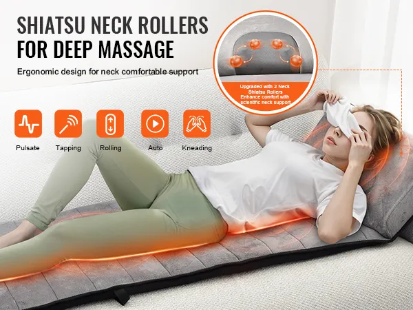 Poduszka do masażu całego ciała VEVOR wyposażona jest w wałki shiatsu do masażu szyi, które zapewniają głęboki masaż i ergonomiczne podparcie szyi.