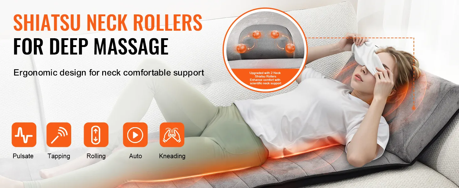 Poduszka do masażu całego ciała VEVOR wyposażona jest w wałki shiatsu do masażu szyi, które zapewniają głęboki masaż i ergonomiczne podparcie szyi.