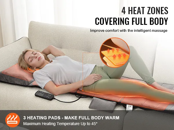 Poduszka masująca całego ciała VEVOR z 4 strefami ciepła, 3 poduszkami grzewczymi i inteligentnym systemem masażu.