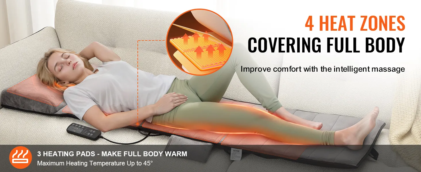Poduszka masująca całego ciała VEVOR z 4 strefami ciepła, 3 poduszkami grzewczymi i inteligentnym systemem masażu.