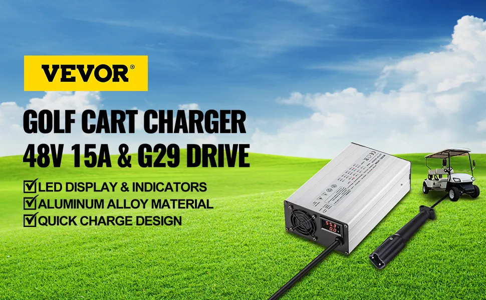 Cargador de batería de carrito de golf VEVOR con pantalla LED sobre fondo de campo verde.