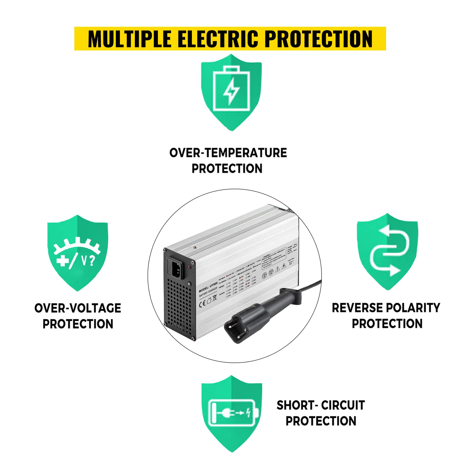 Cargador de batería para carrito de golf VEVOR con múltiples funciones de protección eléctrica.