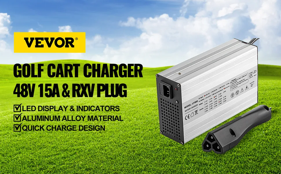 VEVOR golf cart battery charger with rxv plug on green field background.