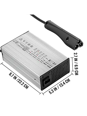 VEVOR golf cart battery charger showing dimensions and power cable.
