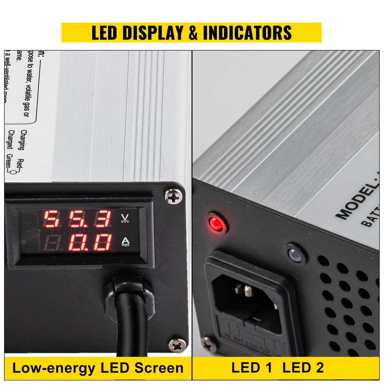 VEVOR golf cart battery charger with led display and indicators showing voltage and current.