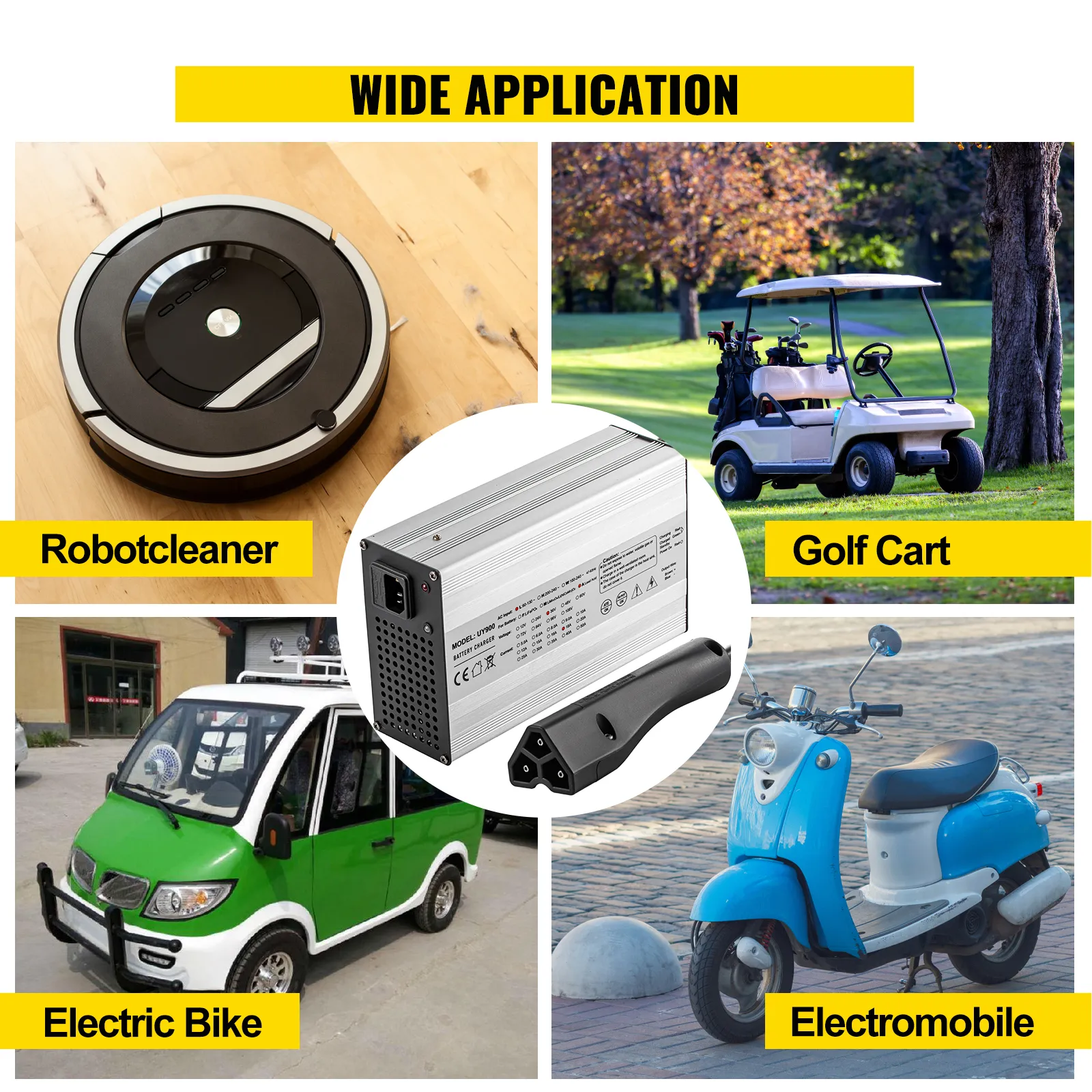 VEVOR golf cart battery charger for robot cleaner, golf cart, electric bike, and electromobile.