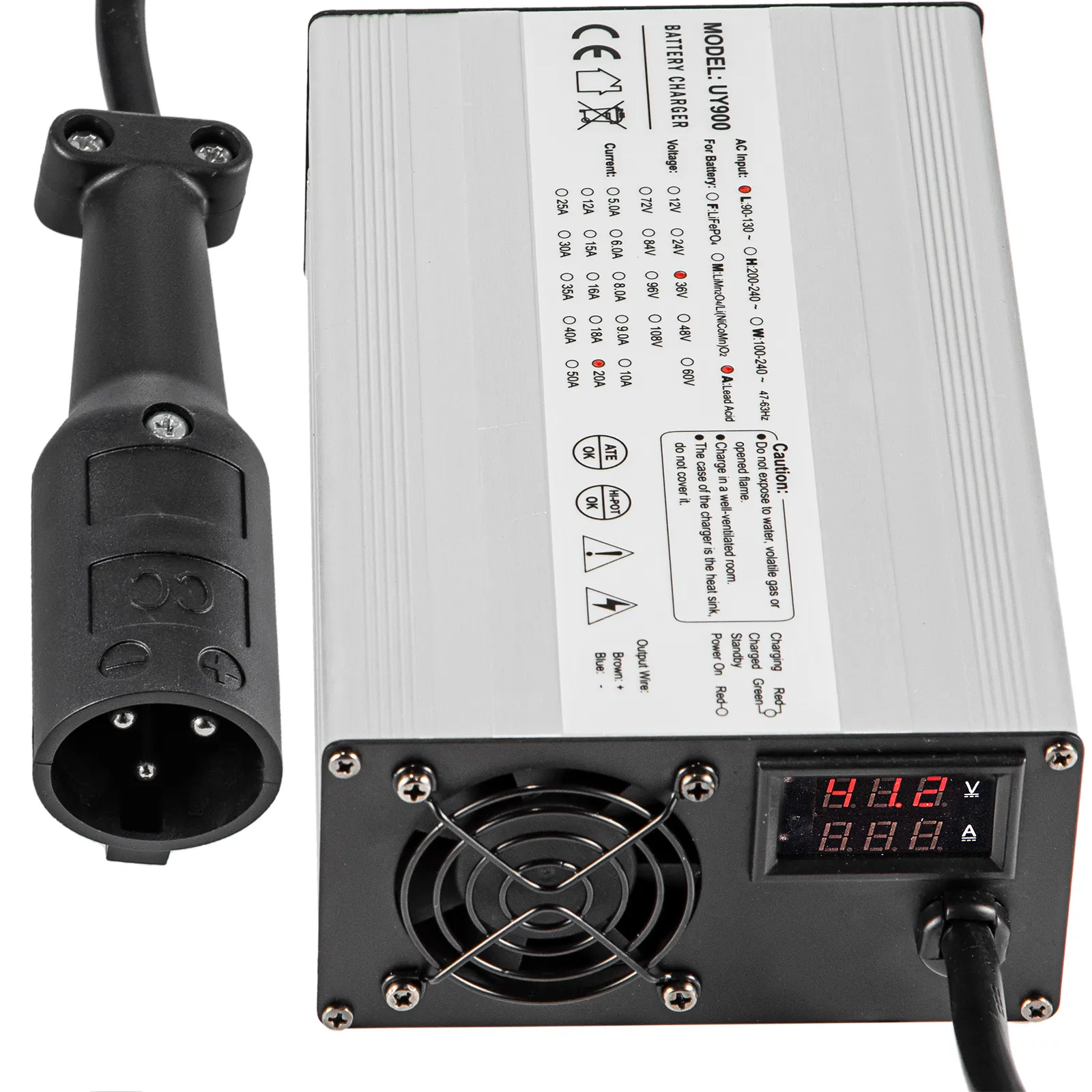 Cargador de batería para carrito de golf VEVOR con pantalla digital y ventilador de refrigeración.