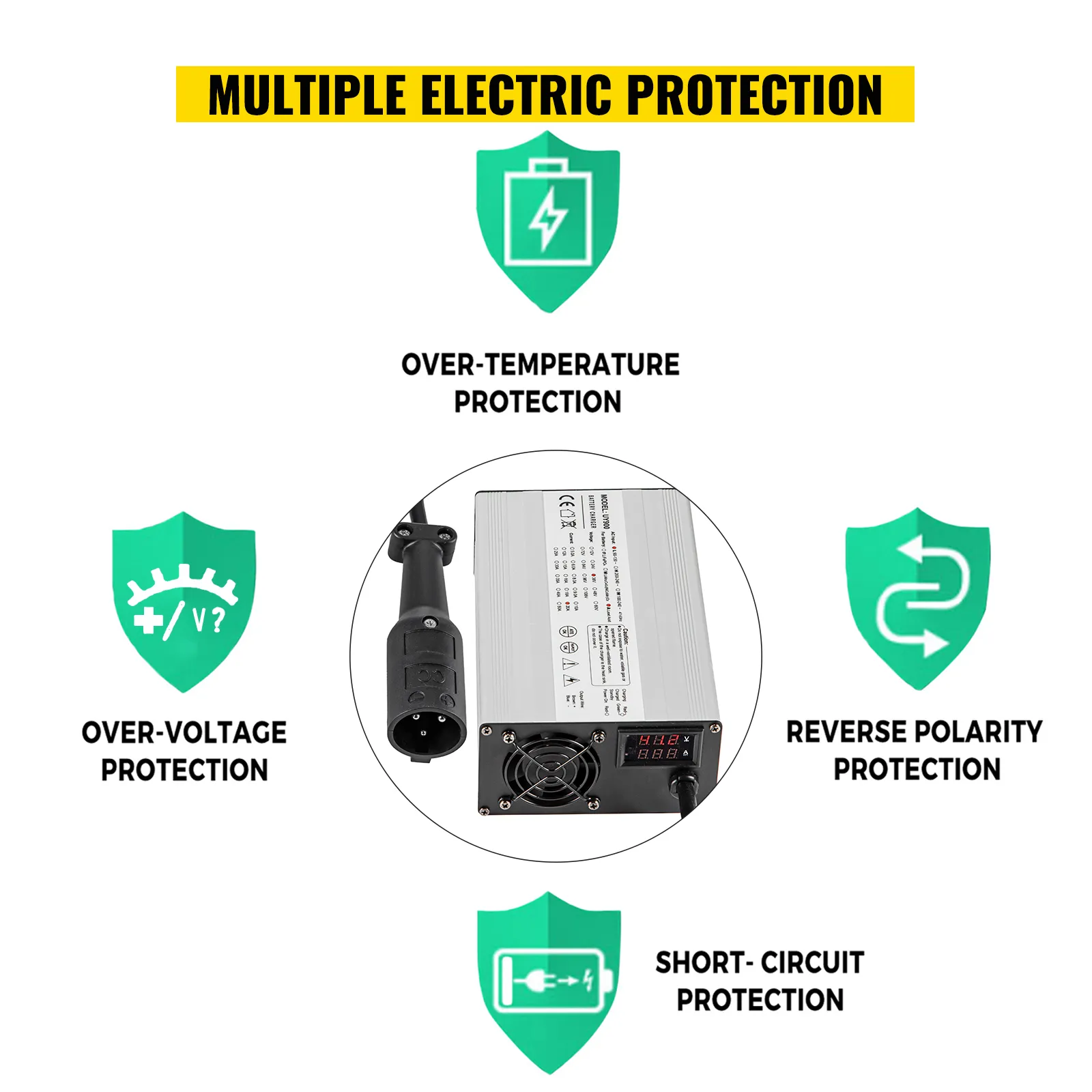 Cargador de batería para carrito de golf VEVOR con múltiples funciones de protección eléctrica.