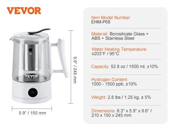 VEVOR hydrogen water pitcher with 1500ml capacity, borosilicate glass, stainless steel, and abs materials.