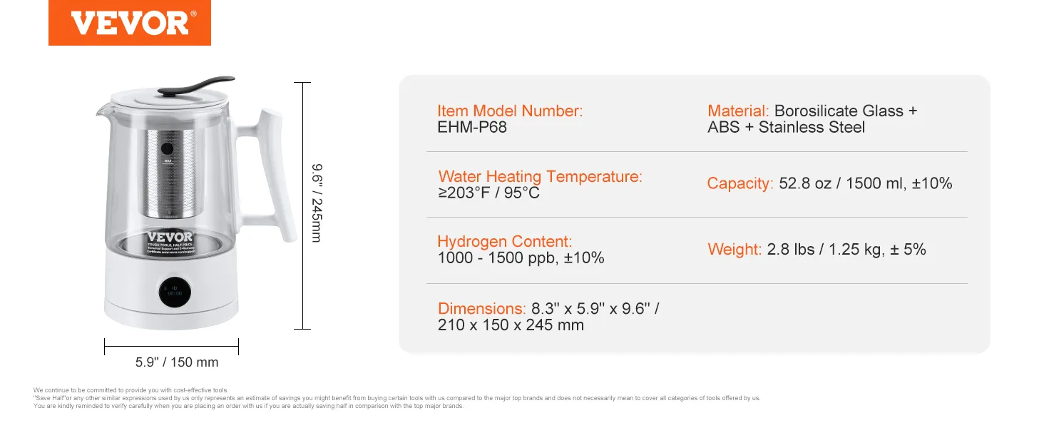 VEVOR hydrogen water pitcher with 1500ml capacity, borosilicate glass, stainless steel, and abs materials.
