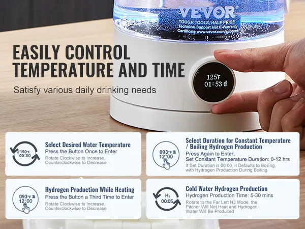 easily control temperature and time with the VEVOR hydrogen water pitcher, set durations easily.