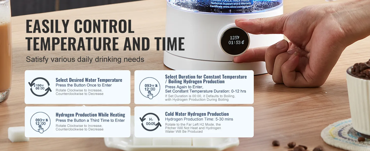 easily control temperature and time with the VEVOR hydrogen water pitcher, set durations easily.