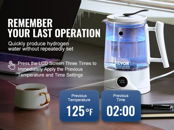 VEVOR hydrogen water pitcher on a desk with temperature and time settings displayed at 125°f and 02:00.