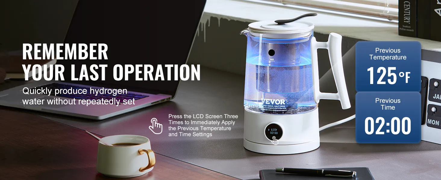VEVOR hydrogen water pitcher on a desk with temperature and time settings displayed at 125°f and 02:00.