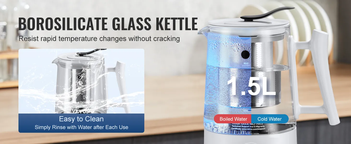VEVOR hydrogen water pitcher, 1.5l borosilicate glass kettle, easy-to-clean, withstands temperature changes.