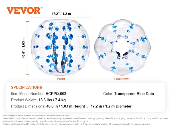 VEVOR inflatable bumper ball with transparent blue dots, 47.2" diameter, 40.6" height.