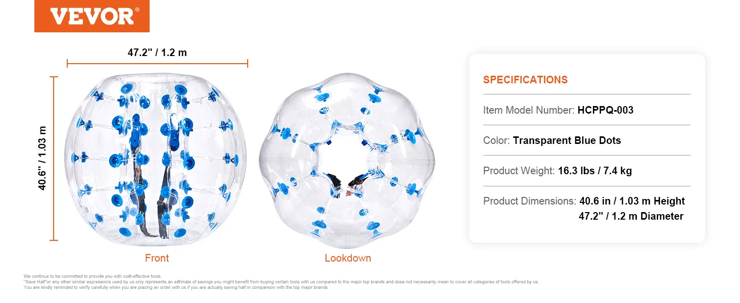 VEVOR inflatable bumper ball with transparent blue dots, 47.2" diameter, 40.6" height.