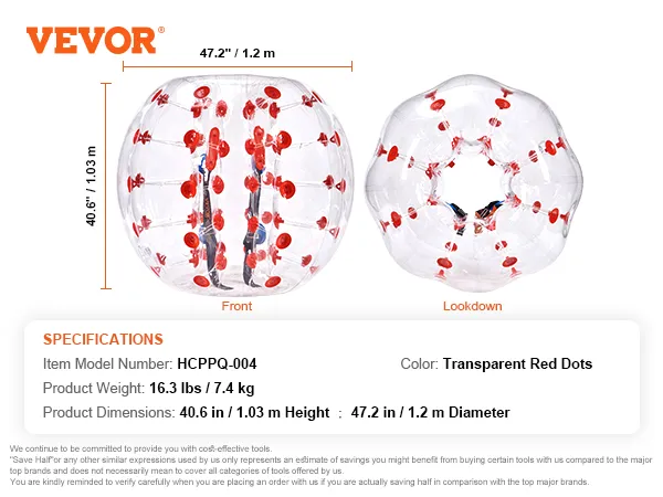 VEVOR inflatable bumper ball with transparent red dots, 47.2" diameter, 40.6" height.