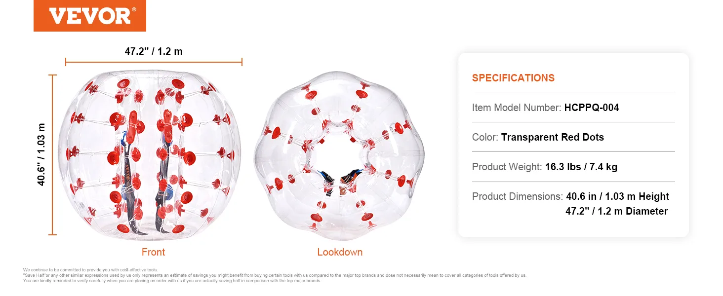 VEVOR inflatable bumper ball with transparent red dots, 47.2" diameter, 40.6" height.