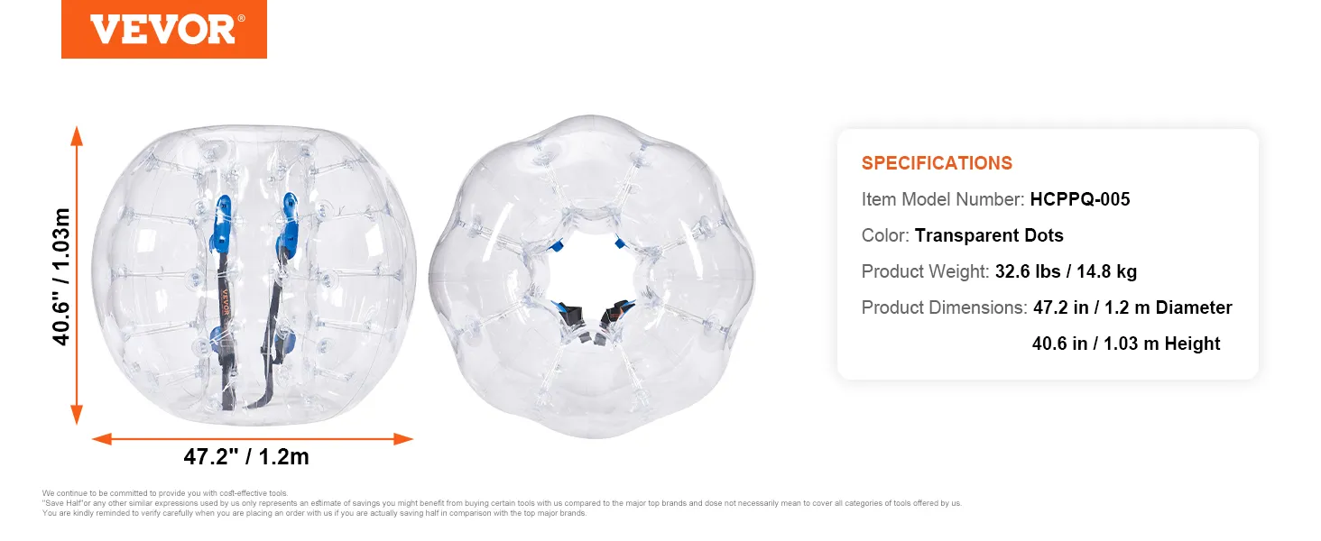 Opblaasbare bumperballen van VEVOR in transparant design met banden, 1,2 m diameter en 1,03 m hoogte.