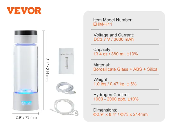 VEVOR hydrogen water bottle with nasal tube, usb cable, base, lid, user manual, and specifications.