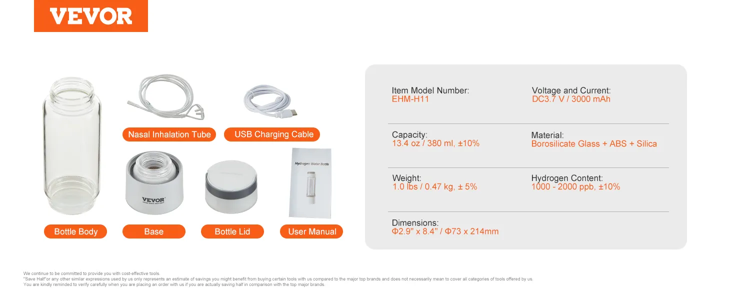 VEVOR hydrogen water bottle with nasal tube, usb cable, base, lid, user manual, and specifications.