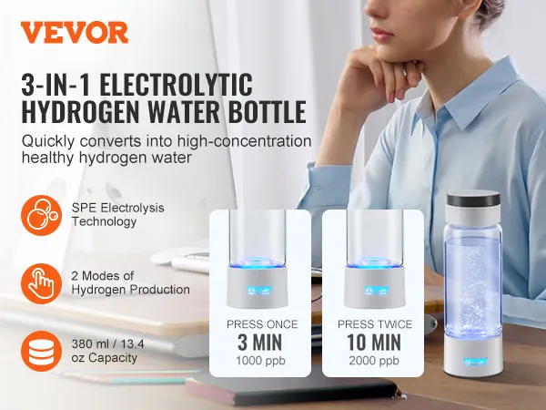 VEVOR hydrogen water bottle 3-in-1, 380 ml capacity, spe electrolysis, 2 hydrogen production modes.