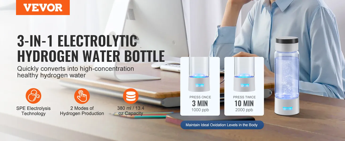 VEVOR hydrogen water bottle 3-in-1, 380 ml capacity, spe electrolysis, 2 hydrogen production modes.