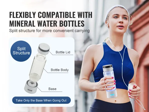 woman with headphones and a VEVOR hydrogen water bottle, demonstrating bottle's split structure and convenience.