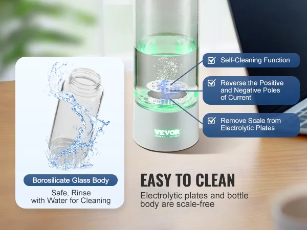 VEVOR hydrogen water bottle with borosilicate glass body, self-cleaning function, and scale-free technology.