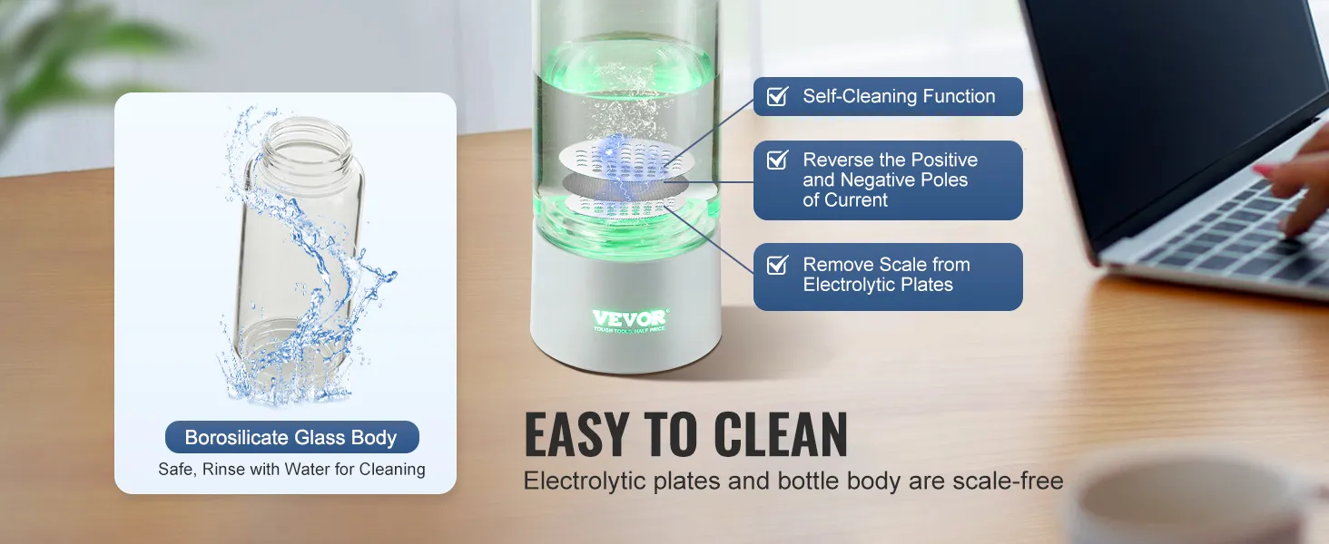 VEVOR hydrogen water bottle with borosilicate glass body, self-cleaning function, and scale-free technology.
